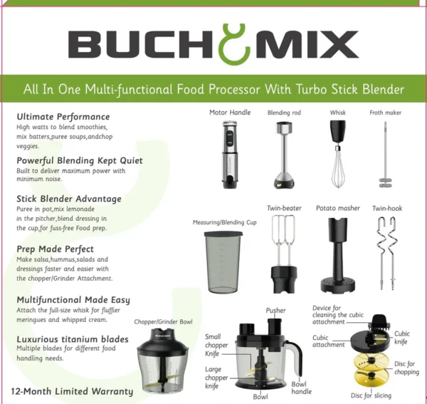 Buchymix 12 IN 1 Food processor with Turbo Stick Immersion Blender