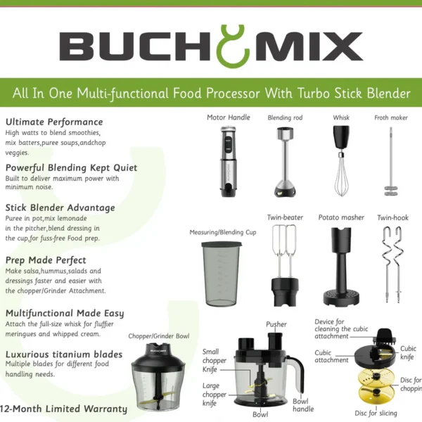 Buchymix 12 IN 1 Food processor with Turbo Stick Immersion Blender